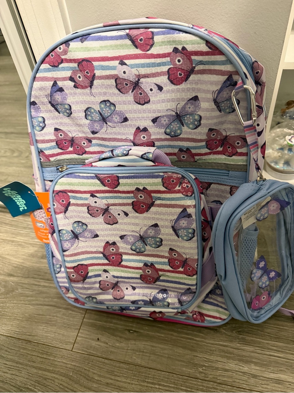Kids Butterfly Print Backpack and Lunch Bag - Blue/Pink